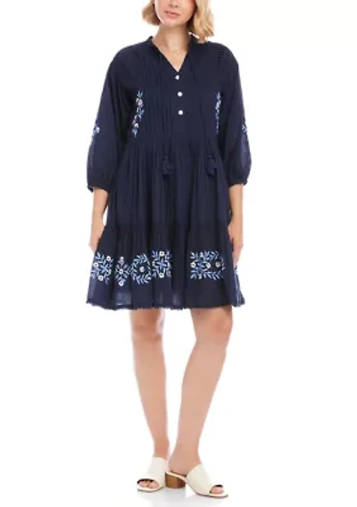 Women's Blouson Sleeve Embroidered Lace Trim Tiered Dress