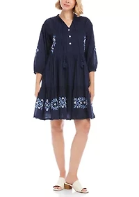 Women's Blouson Sleeve Embroidered Lace Trim Tiered Dress