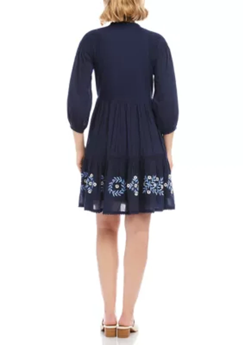 Women's Blouson Sleeve Embroidered Lace Trim Tiered Dress