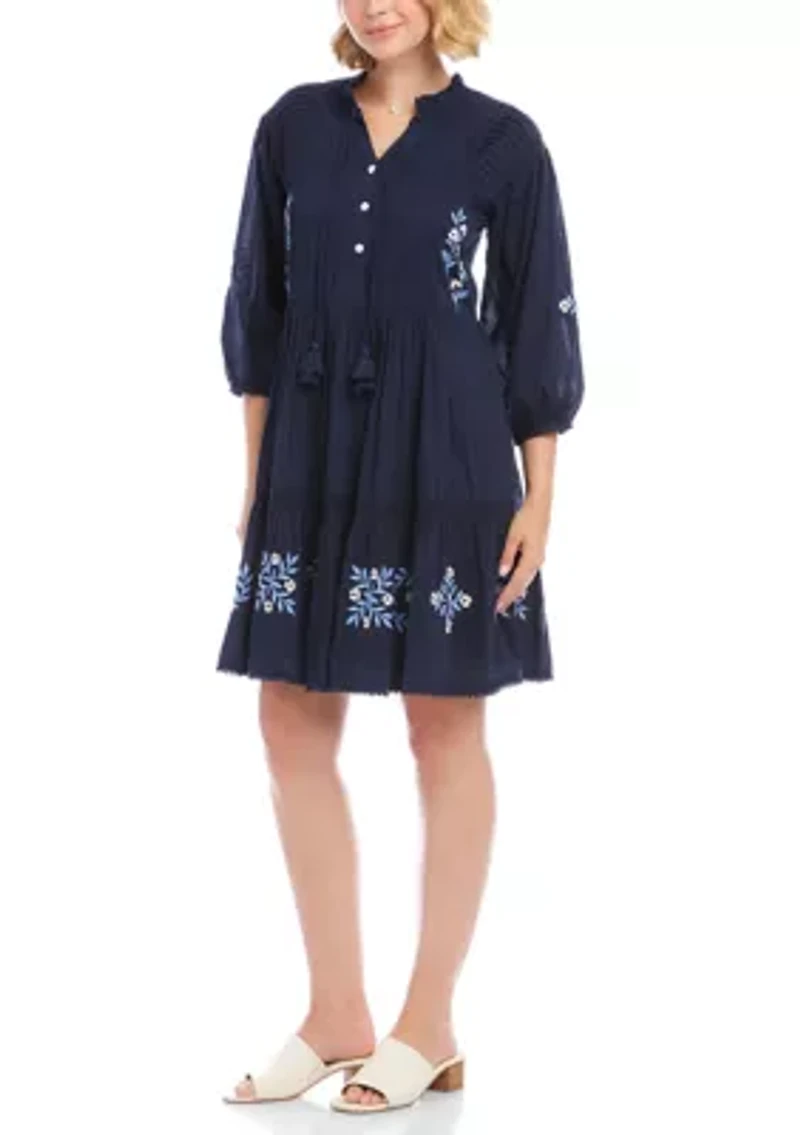 Women's Blouson Sleeve Embroidered Lace Trim Tiered Dress