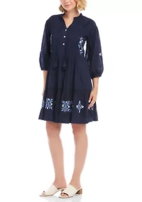 Women's Blouson Sleeve Embroidered Lace Trim Tiered Dress