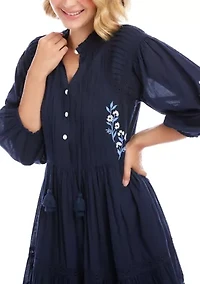 Women's Blouson Sleeve Embroidered Lace Trim Tiered Dress