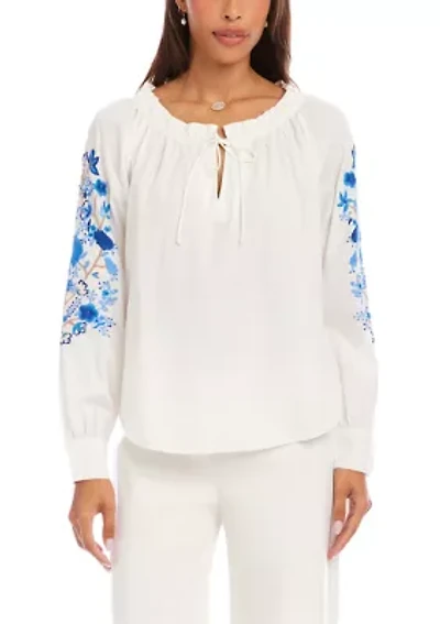 Women's Embroidered Blouson Sleeve Tie-Neck Peasant Top