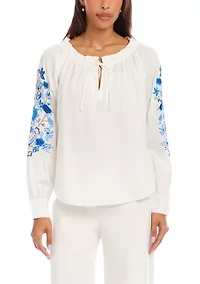 Women's Embroidered Blouson Sleeve Tie-Neck Peasant Top