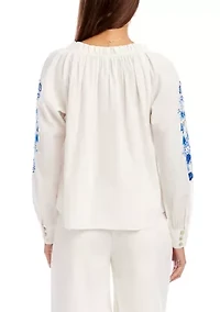 Women's Embroidered Blouson Sleeve Tie-Neck Peasant Top