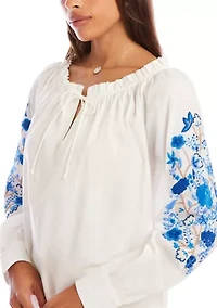 Women's Embroidered Blouson Sleeve Tie-Neck Peasant Top