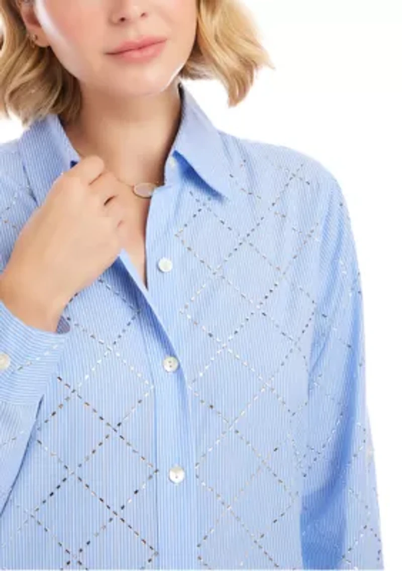 Women's Stripe Roll-Tab Embellished Shirtdress