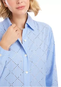 Women's Stripe Roll-Tab Embellished Shirtdress