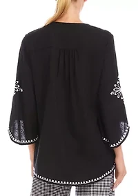 Petite Bracelet Sleeve Embroidered Asymmetric Top