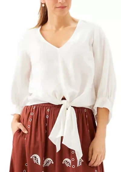 Women's Blouson Sleeve Linen Tie-Front Top
