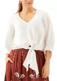 Women's Blouson Sleeve Linen Tie-Front Top