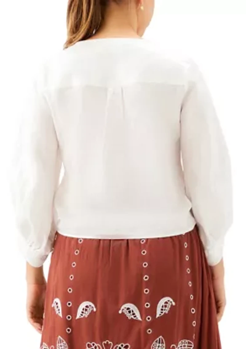 Women's Blouson Sleeve Linen Tie-Front Top