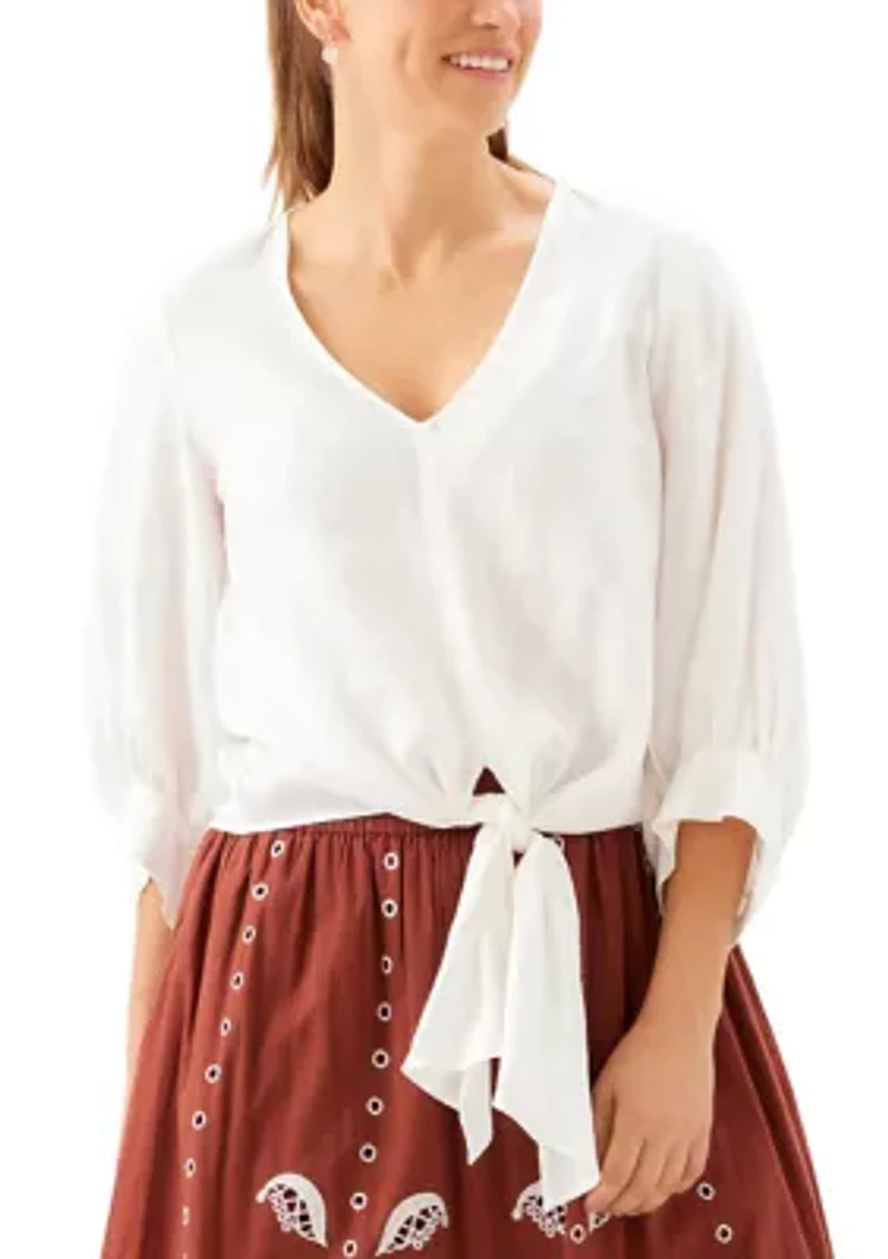 Women's Blouson Sleeve Linen Tie-Front Top