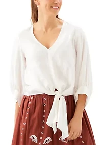 Women's Blouson Sleeve Linen Tie-Front Top