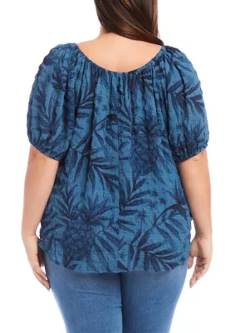 Plus Elbow Puff Sleeve Printed Peasant Top