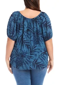 Plus Elbow Puff Sleeve Printed Peasant Top