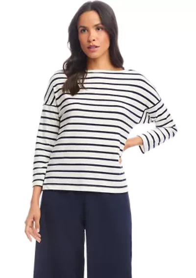 Petite Stripe 3/4 Sleeve Boat Neck Top