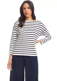 Petite Stripe 3/4 Sleeve Boat Neck Top