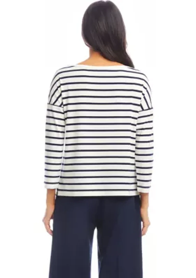 Petite Stripe 3/4 Sleeve Boat Neck Top