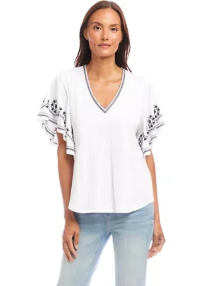 Petite Embroidered Flutter Sleeve Top