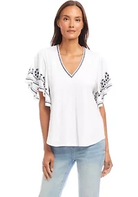Petite Embroidered Flutter Sleeve Top