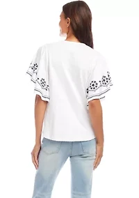 Petite Embroidered Flutter Sleeve Top