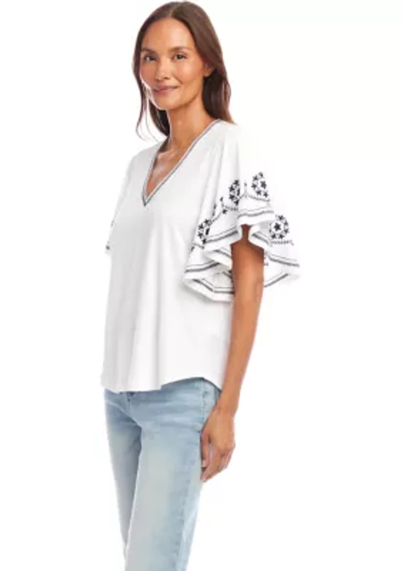 Petite Embroidered Flutter Sleeve Top