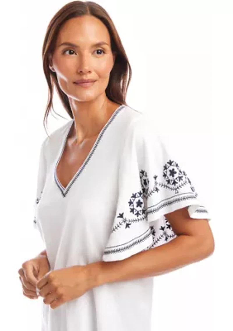 Petite Embroidered Flutter Sleeve Top