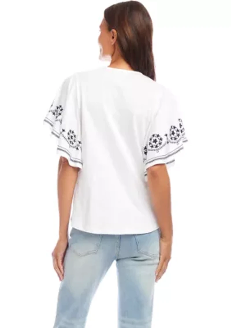 Women's Embroidered Flutter Sleeve Top
