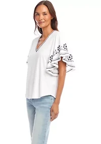 Women's Embroidered Flutter Sleeve Top