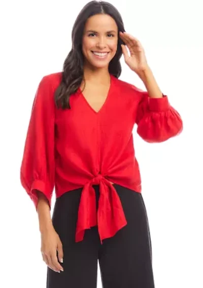Women's Blouson Sleeve Linen Tie-Front Top