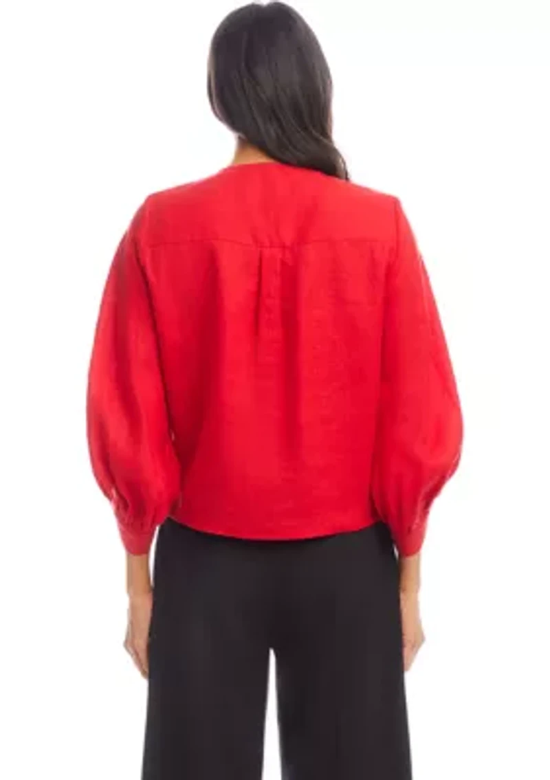 Women's Blouson Sleeve Linen Tie-Front Top