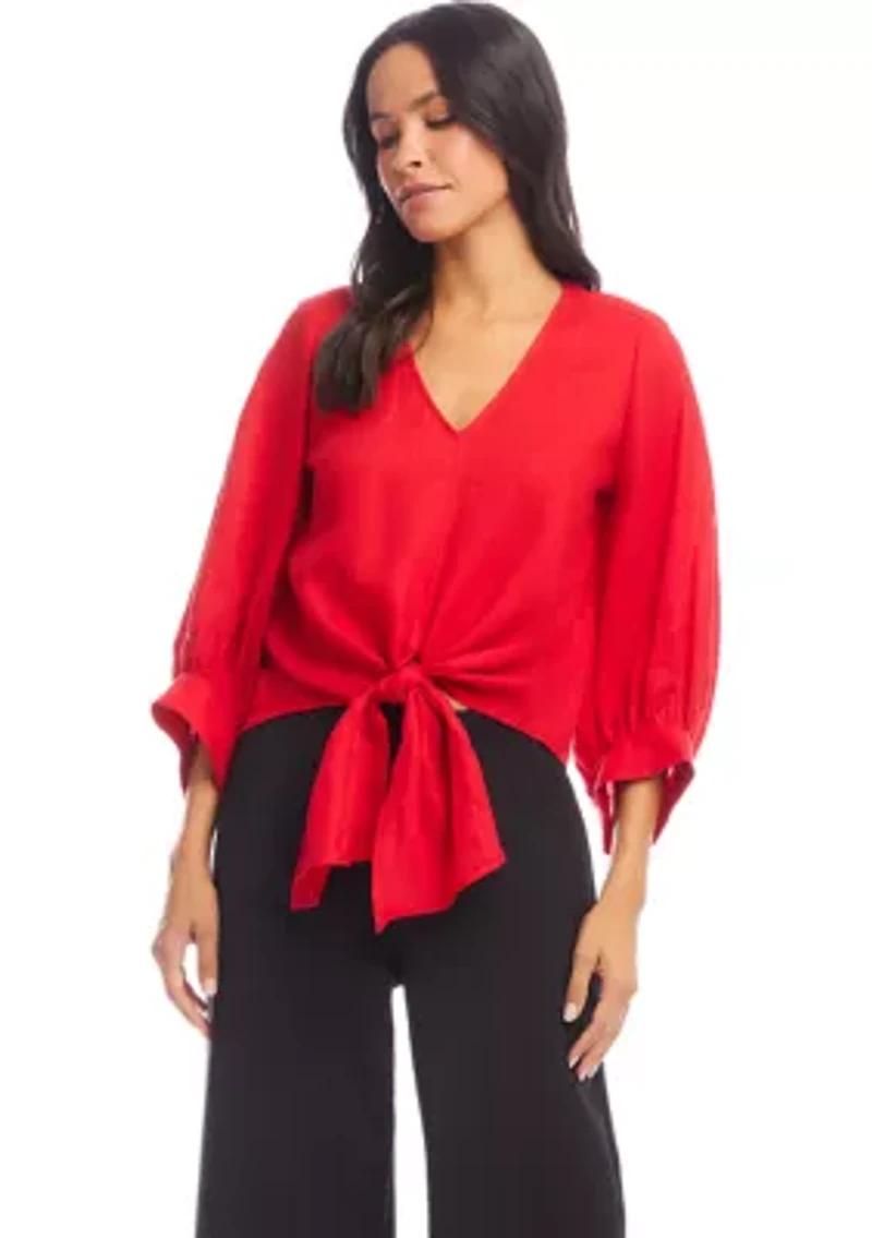 Women's Blouson Sleeve Linen Tie-Front Top