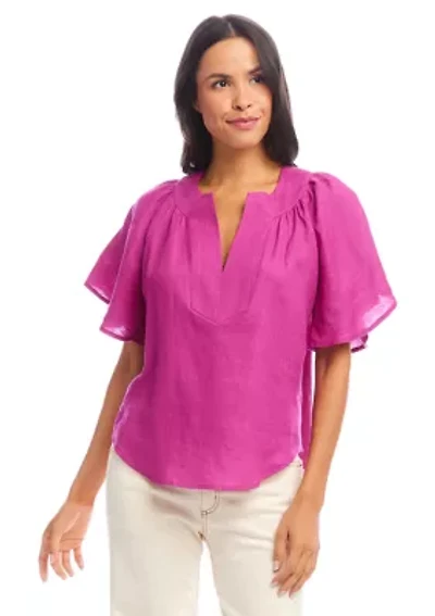 Women's Linen Flutter Sleeve Top