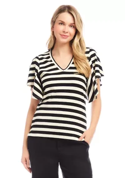 Women's Stripe Flutter Sleeve V-Neck Top