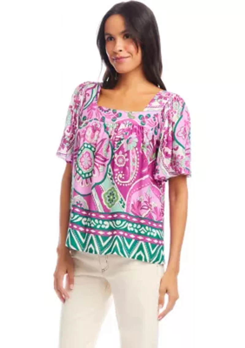 Petite Flare Sleeve Square Neck Top