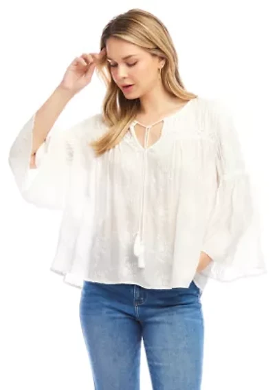 Women's Flare Sleeve Embroidered Pintuck Detail Top