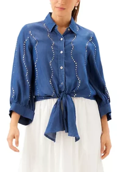 Women's Blouson Sleeve Gemstone Denim Shirt