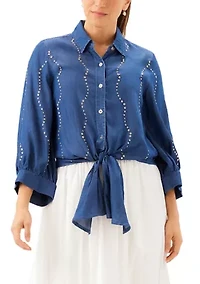 Women's Blouson Sleeve Gemstone Denim Shirt