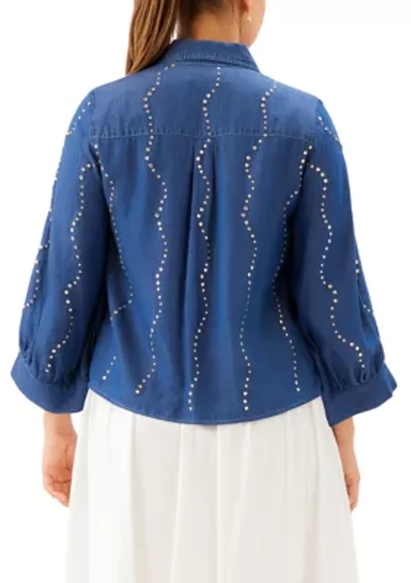Women's Blouson Sleeve Gemstone Denim Shirt