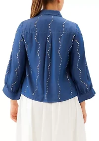 Women's Blouson Sleeve Gemstone Denim Shirt