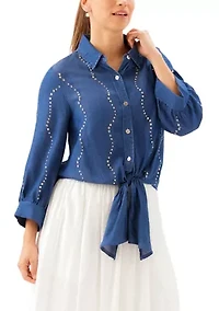 Women's Blouson Sleeve Gemstone Denim Shirt
