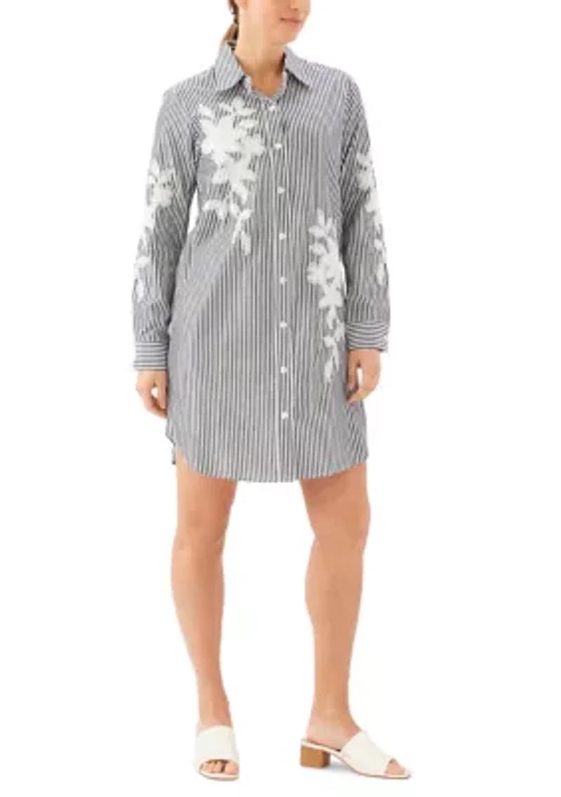 Women's Roll-Tab Stripe Embroidered Shirtdress