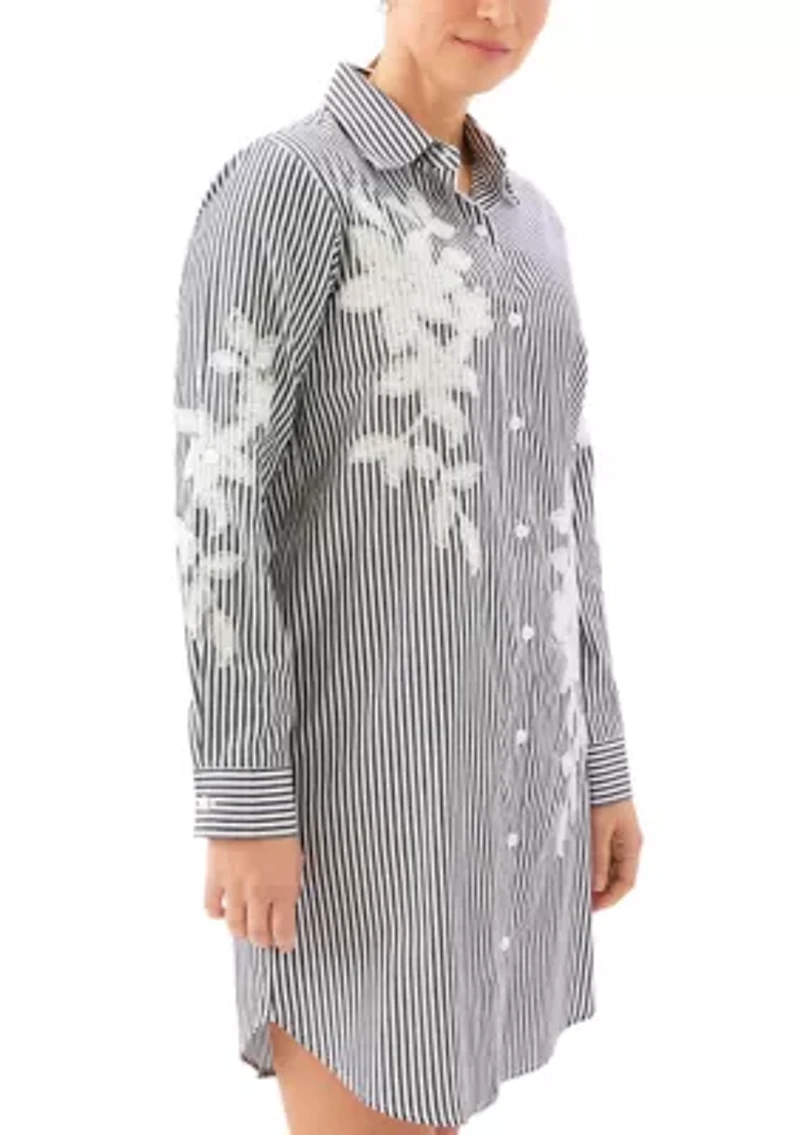 Women's Roll-Tab Stripe Embroidered Shirtdress