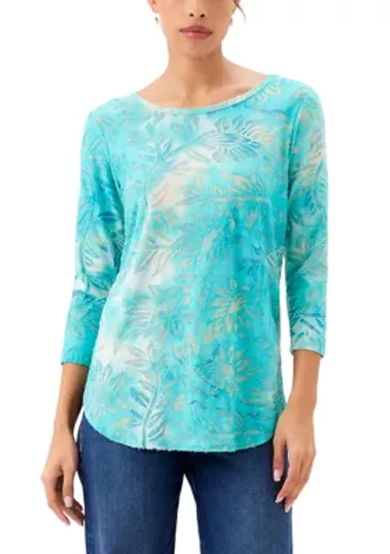 Petite 3/4 Sleeve Burnout Shirttail Top