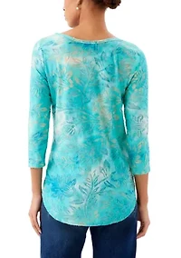 Petite 3/4 Sleeve Burnout Shirttail Top