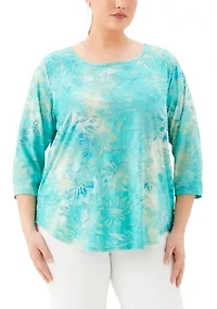 Plus 3/4 Sleeve Burnout Shirttail Top