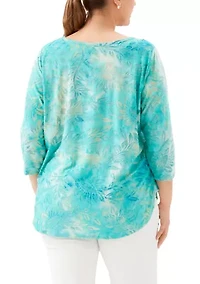Plus 3/4 Sleeve Burnout Shirttail Top