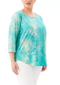 Plus 3/4 Sleeve Burnout Shirttail Top