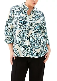 Plus Ruched Sleeve Button Up Shirt